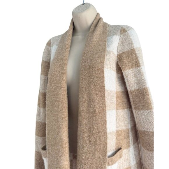 LOFT Women’s Sz M Cream & Tan Buffalo Plaid Open Front Long Cardigan - Picture 2 of 9